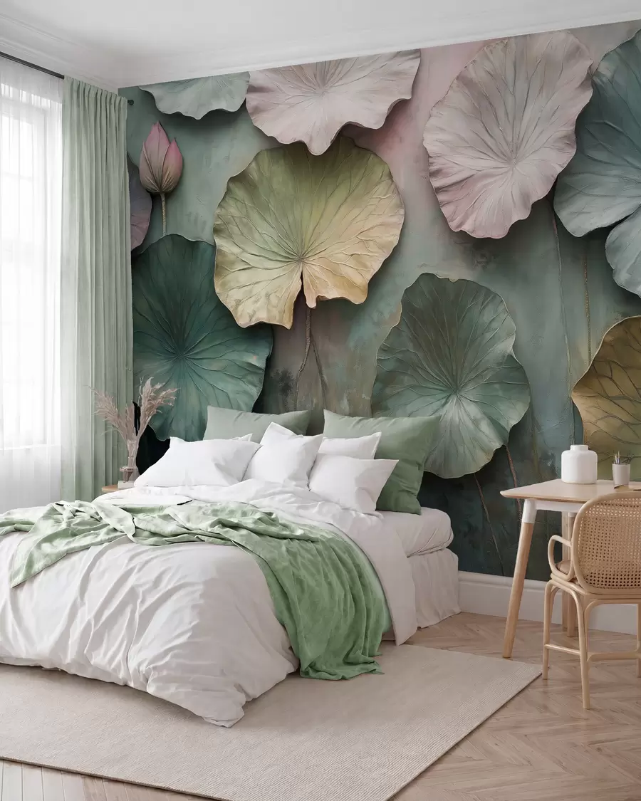 peintures murales feuilles de lotus en style pastel avec effet de volume w02441