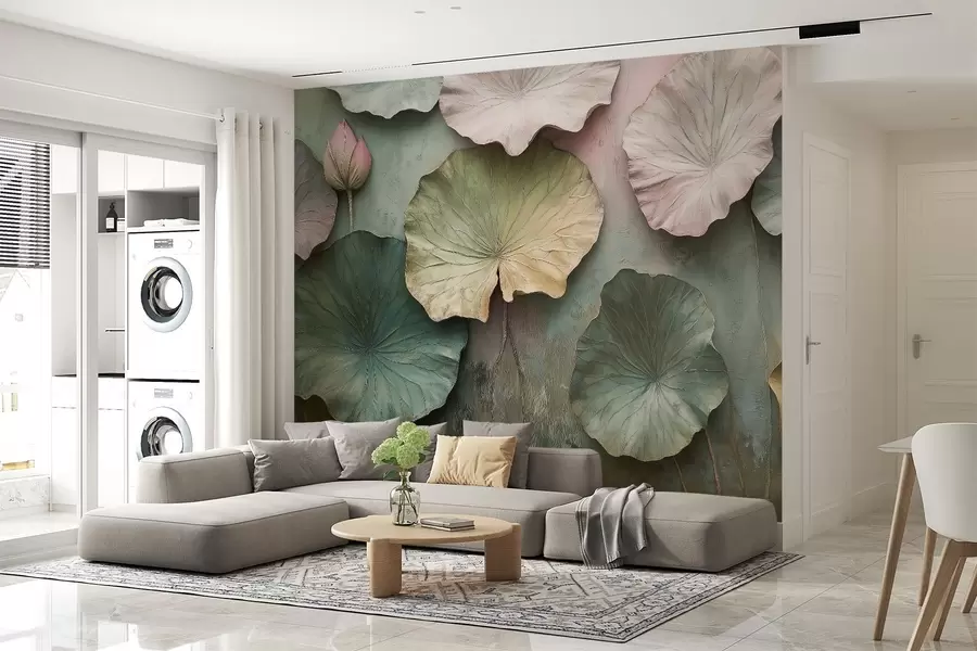 Wall Mural Photo Wallpaper lotus leaves in pastel style with a volume effect w02441