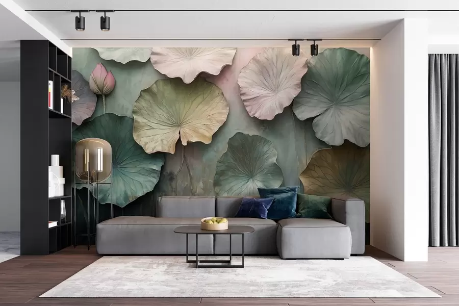 Wall Mural Photo Wallpaper lotus leaves in pastel style with a volume effect w02441