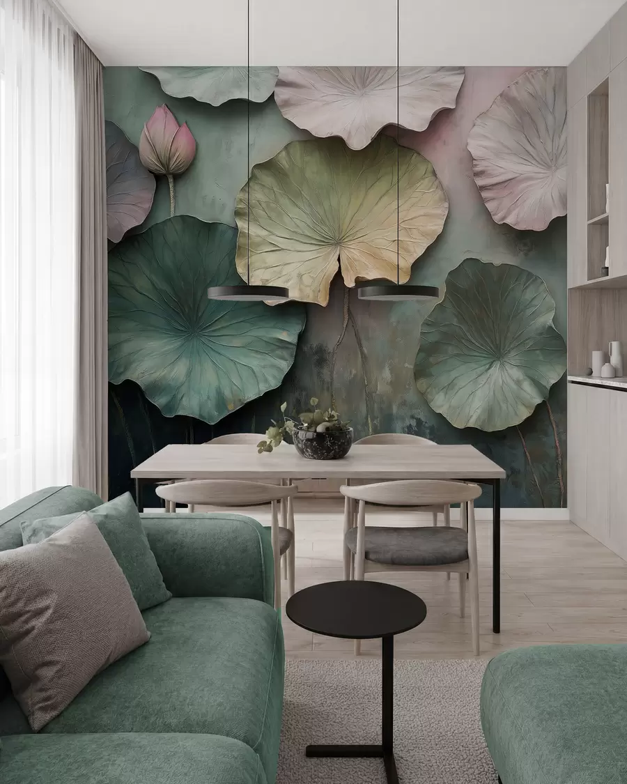 wall murals lotus leaves in pastel style with a volume effect w02441