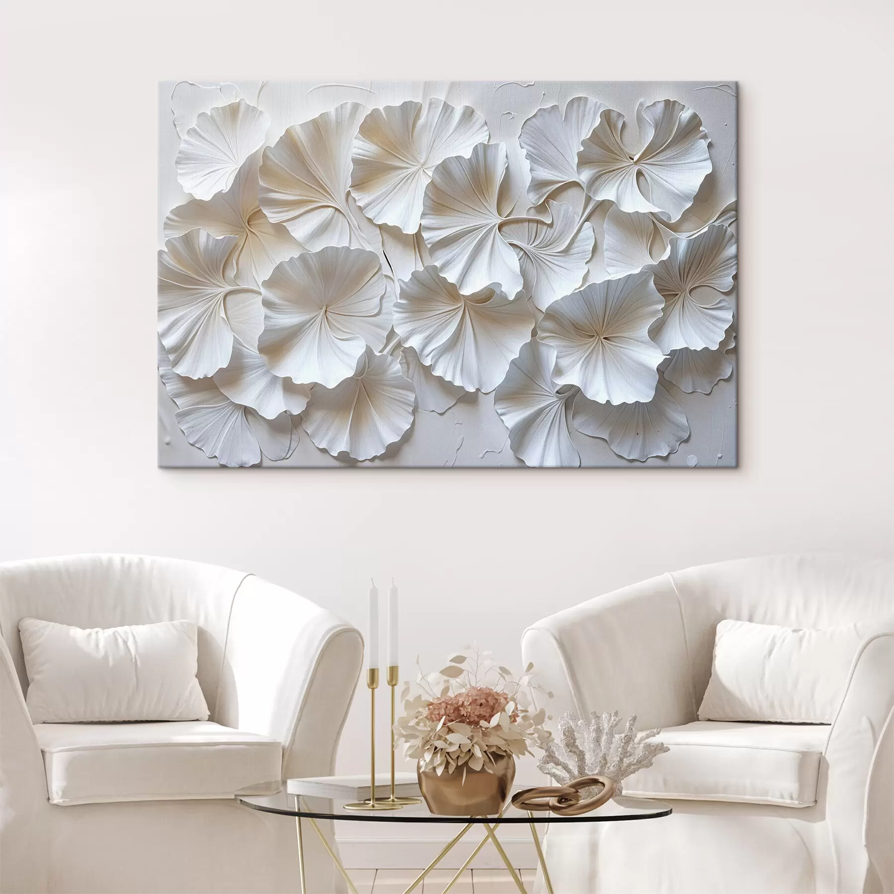 wall murals Delicate white flowers arranged in a natural, organic pattern on a light background s39510