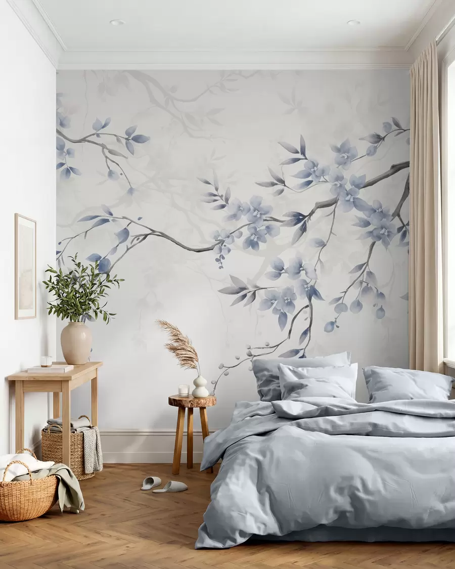 wall murals Trendy branches with flowers and leaves w02449
