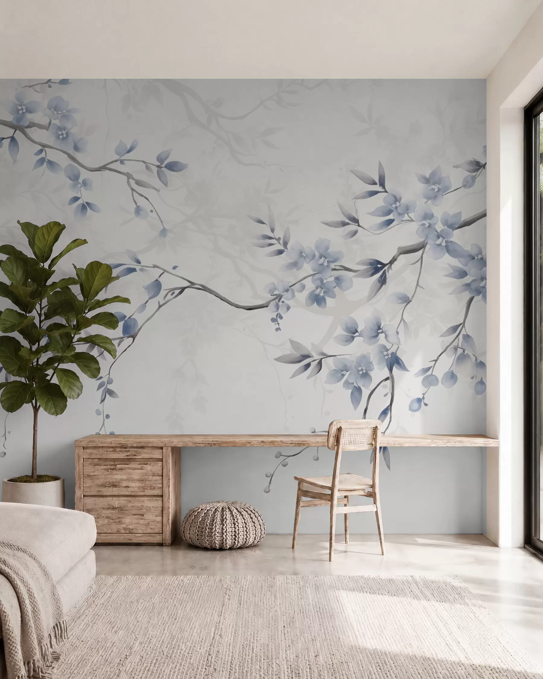 wall murals Trendy branches with flowers and leaves w02449