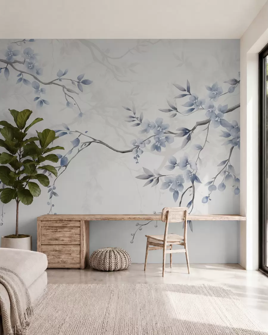 wall murals Trendy branches with flowers and leaves w02449