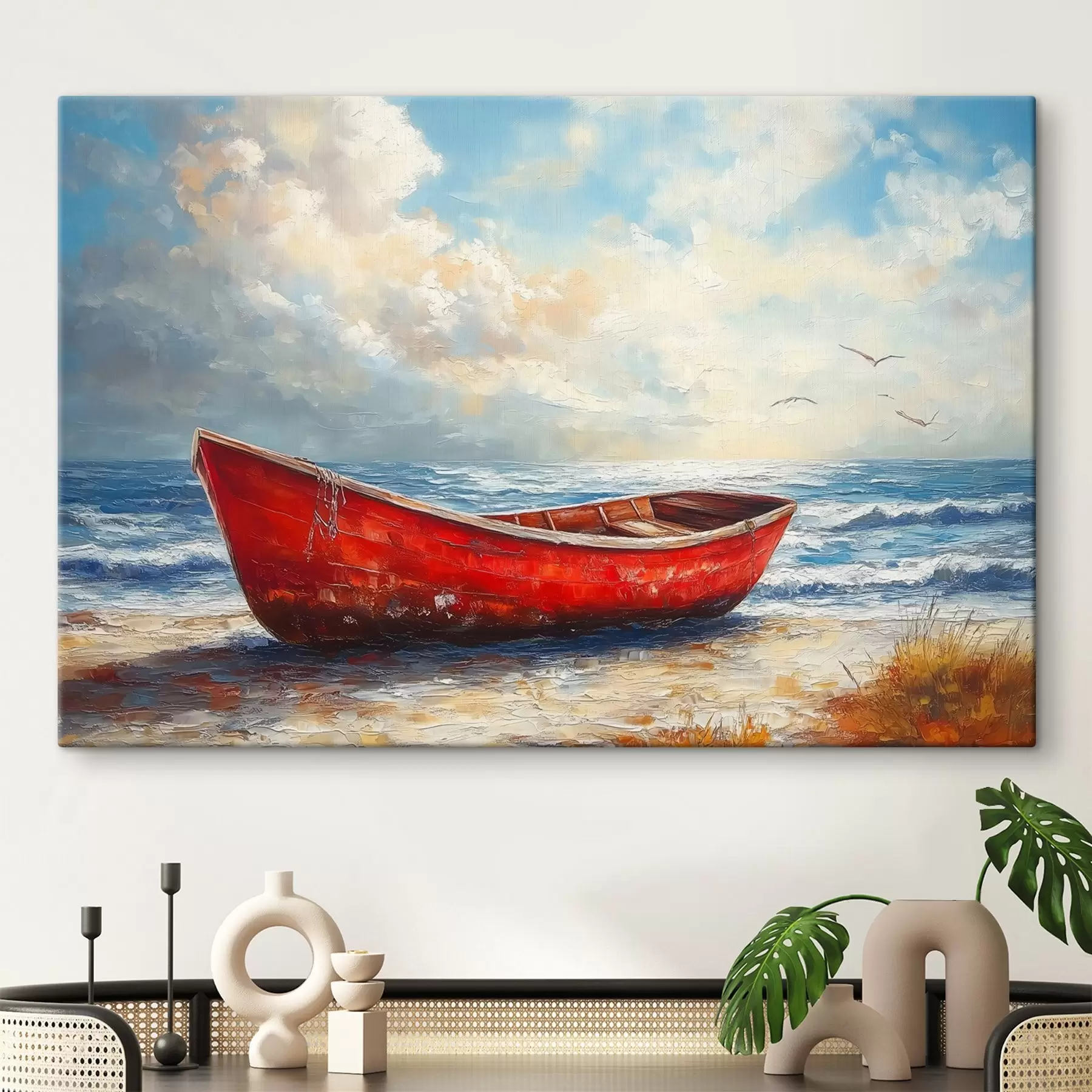 wall murals red boat by the sea in oil paint style s42009