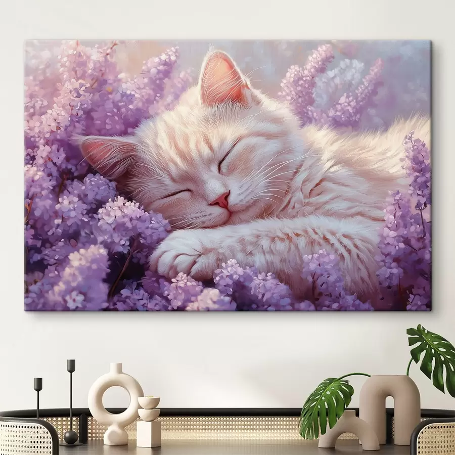 wall murals cat lying on purple flowers s42012