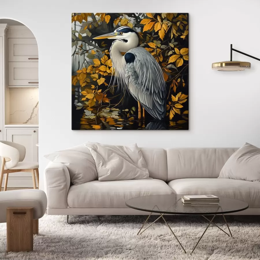 wall murals A heron in water against a background of autumn leaves s42041