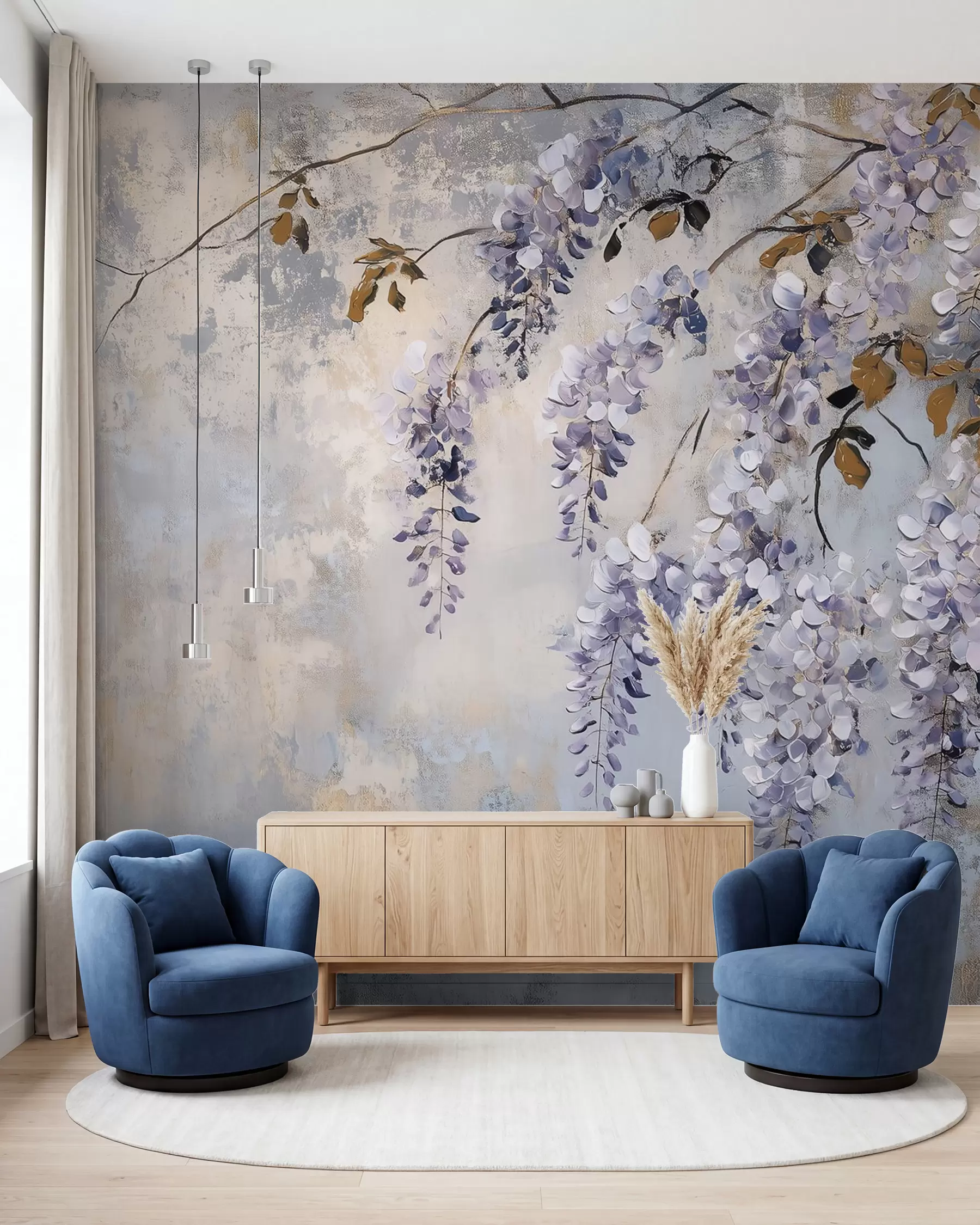 wall murals textured wallpaper in soft, muted colors with delicate wisteria flowers and branches w02451