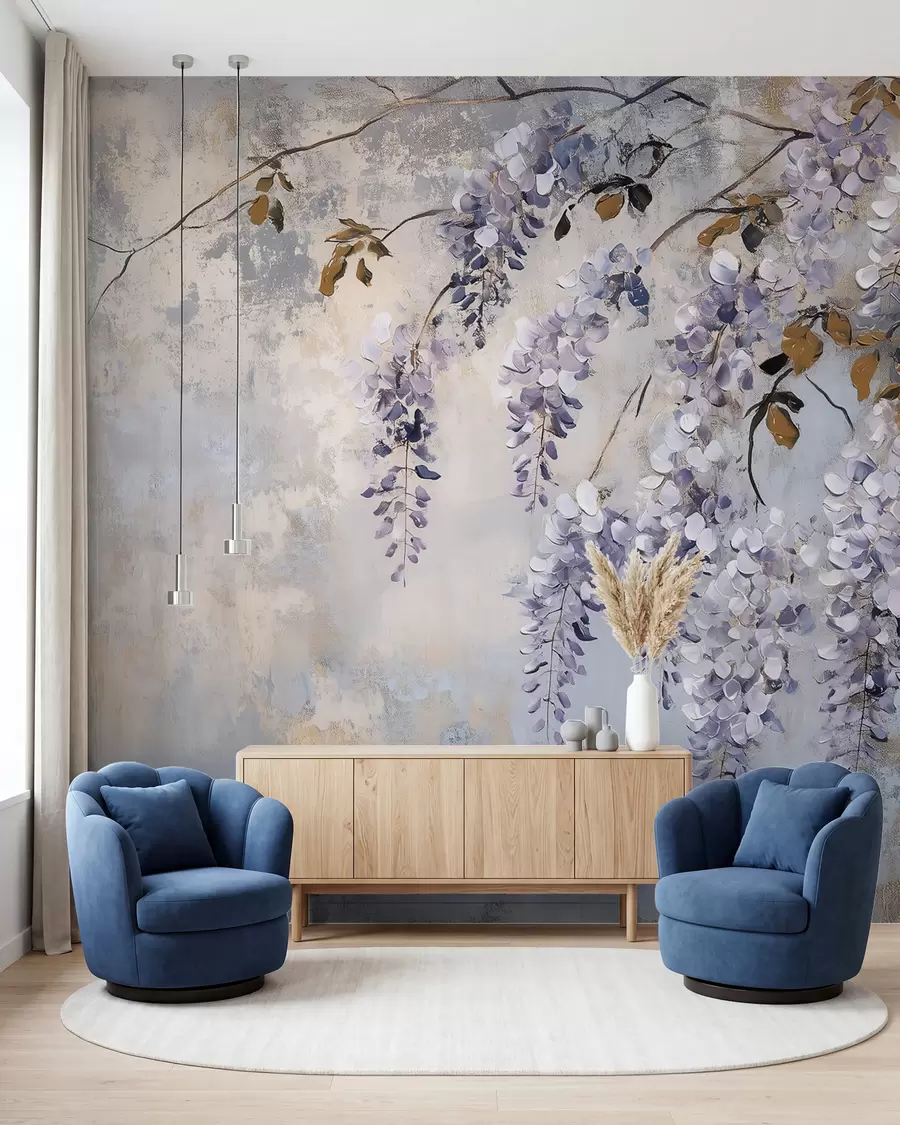 wall murals textured wallpaper in soft, muted colors with delicate wisteria flowers and branches w02451