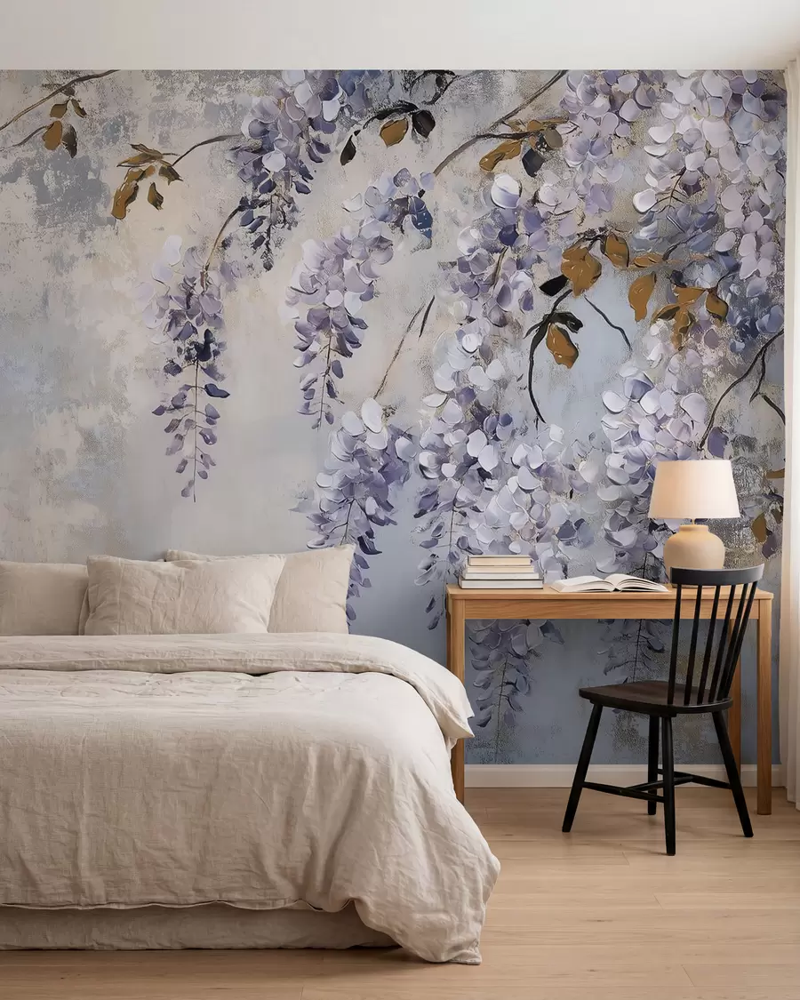 wall murals textured wallpaper in soft, muted colors with delicate wisteria flowers and branches w02451