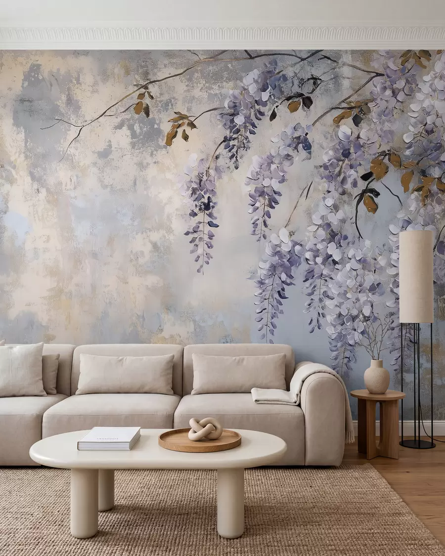 murales papel pintado texturizado en colores suaves y apagados con delicadas flores y ramas de glicinia w02451