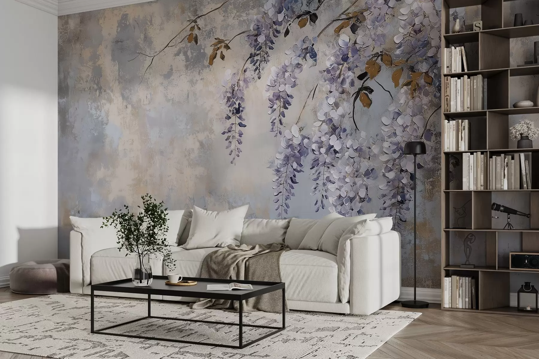 Wall Mural Photo Wallpaper textured wallpaper in soft, muted colors with delicate wisteria flowers and branches w02451