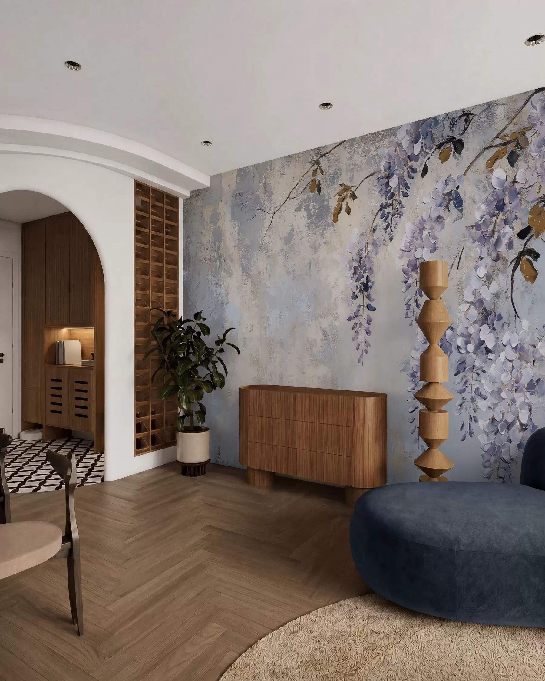 Wall Mural Photo Wallpaper textured wallpaper in soft, muted colors with delicate wisteria flowers and branches w02451