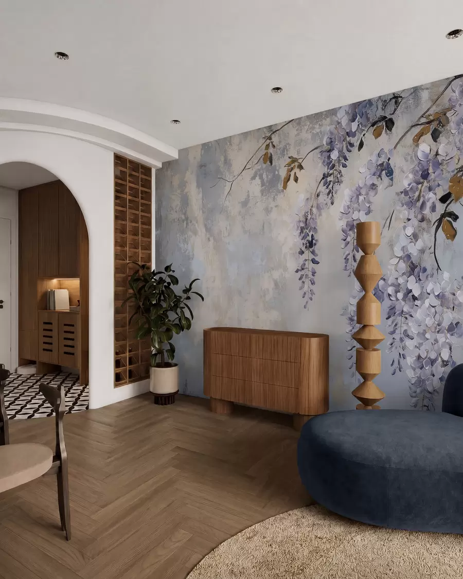 Wall Mural Photo Wallpaper textured wallpaper in soft, muted colors with delicate wisteria flowers and branches w02451