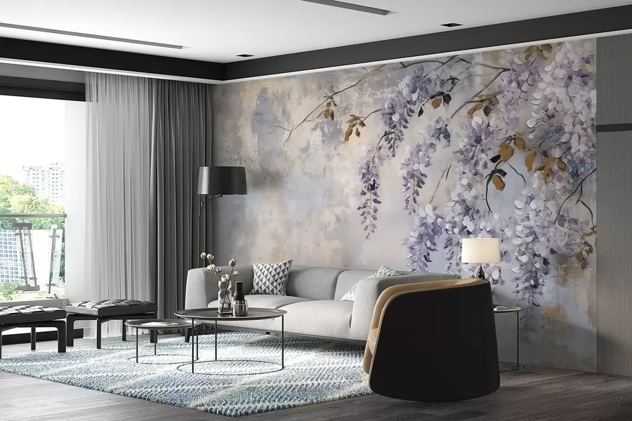 Wall Mural Photo Wallpaper textured wallpaper in soft, muted colors with delicate wisteria flowers and branches w02451