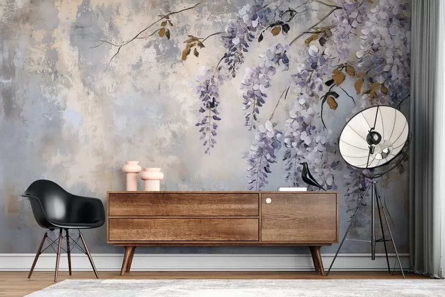 Wall Mural Photo Wallpaper textured wallpaper in soft, muted colors with delicate wisteria flowers and branches w02451
