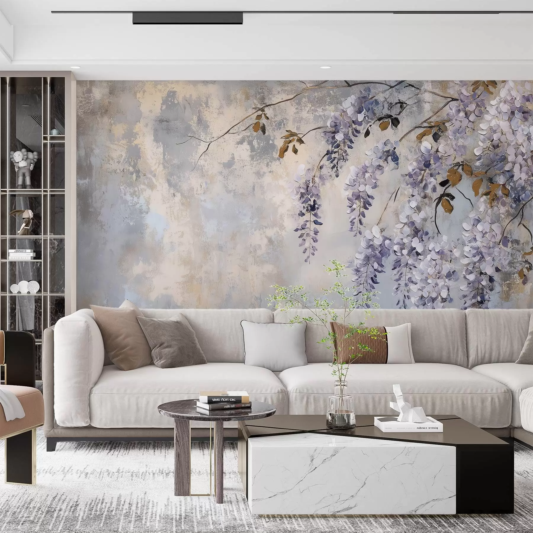 Wall Mural Photo Wallpaper textured wallpaper in soft, muted colors with delicate wisteria flowers and branches w02451