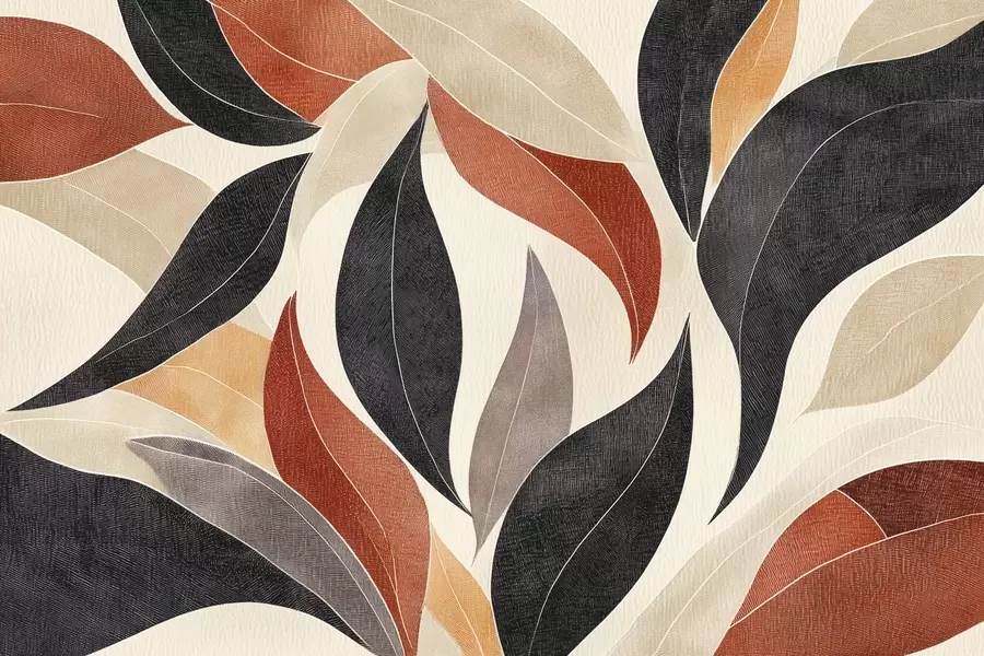 peintures murales des feuilles abstraites dans une palette de tons terreux - beige, terracotta et gris foncé w02452