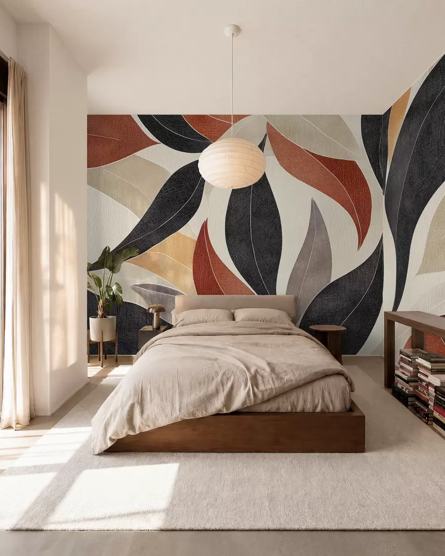 Wall Mural Photo Wallpaper abstract leaves in a palette of earthy tones - beige, terracotta and dark gray w02452