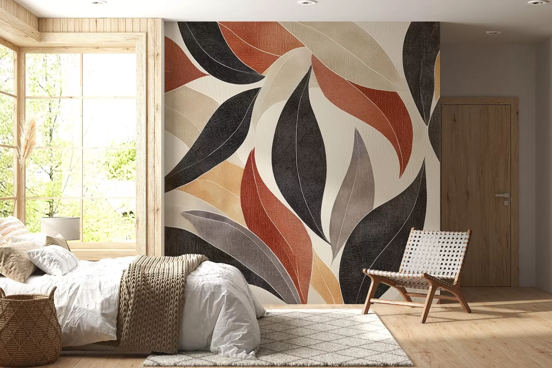murales hojas abstractas en una paleta de tonos terrosos: beige, terracota y gris oscuro w02452