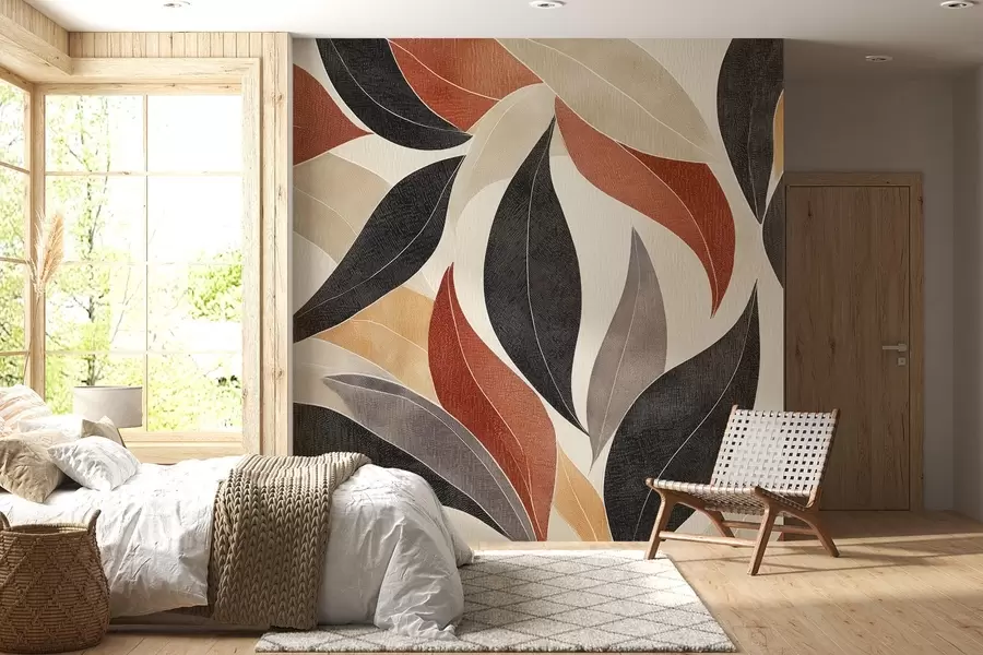 Wall Mural Photo Wallpaper abstract leaves in a palette of earthy tones - beige, terracotta and dark gray w02452