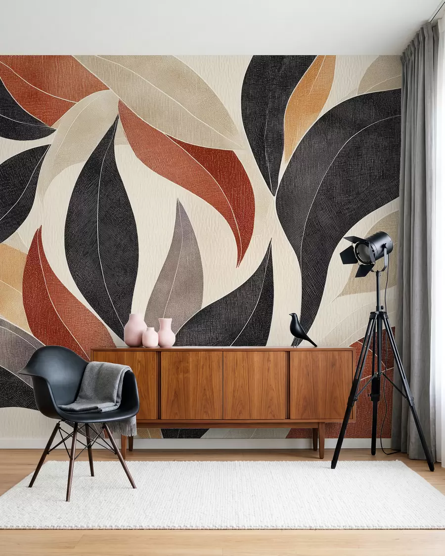 Wall Mural Photo Wallpaper abstract leaves in a palette of earthy tones - beige, terracotta and dark gray w02452