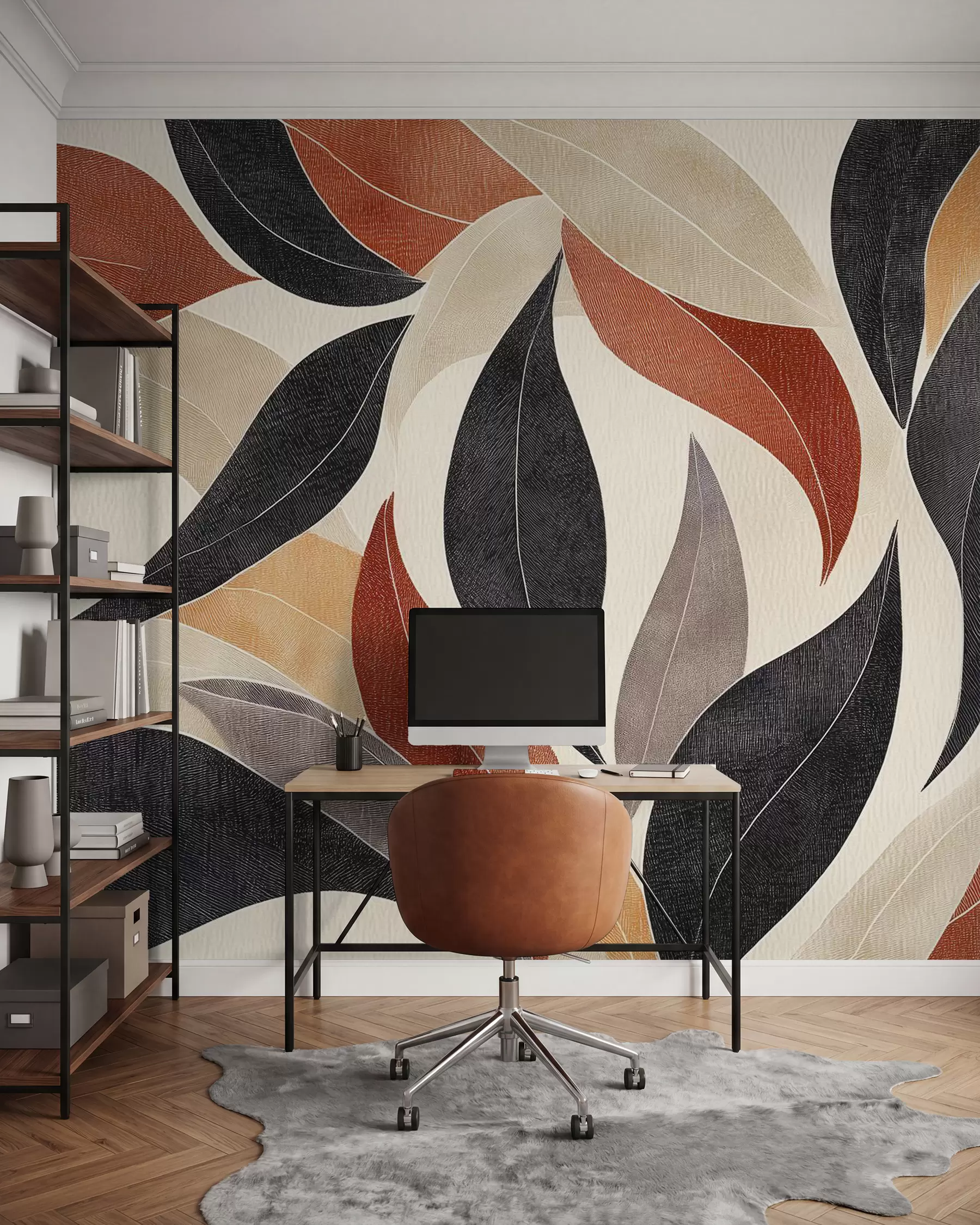 wall murals abstract leaves in a palette of earthy tones - beige, terracotta and dark gray w02452