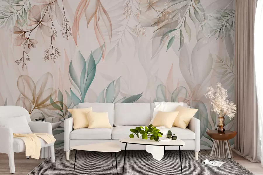wall murals Delicate tropical foliage in pastel colours w02316