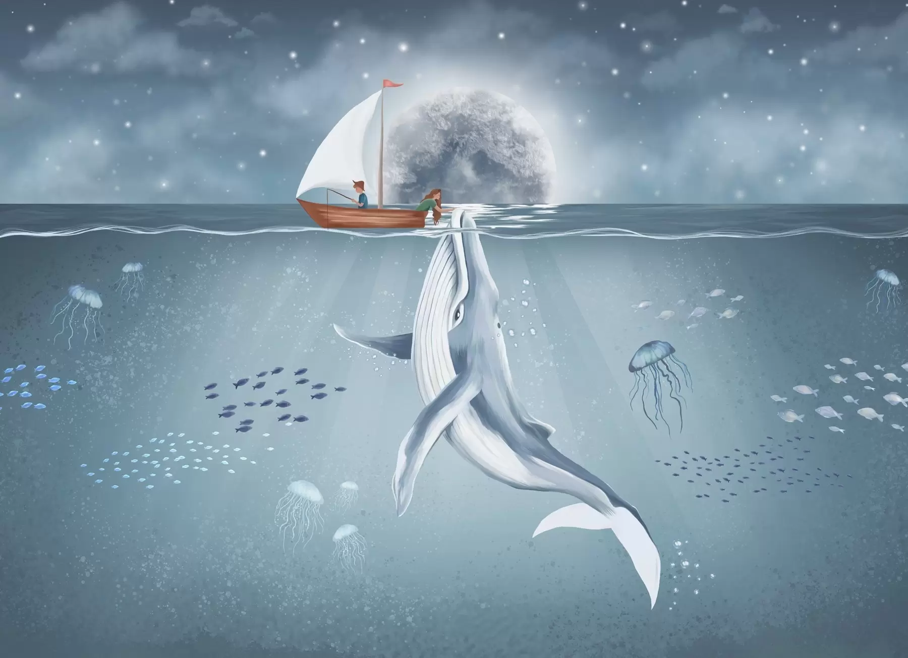 peintures murales Dessin d'enfant avec baleine, lune et bateau avec des enfants w02476