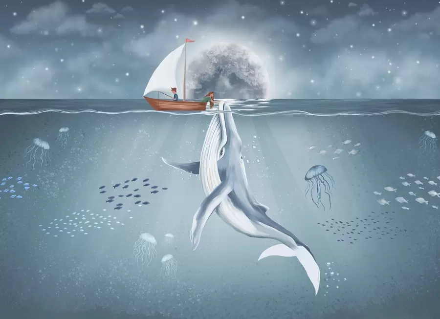 peintures murales Dessin d'enfant avec baleine, lune et bateau avec des enfants w02476
