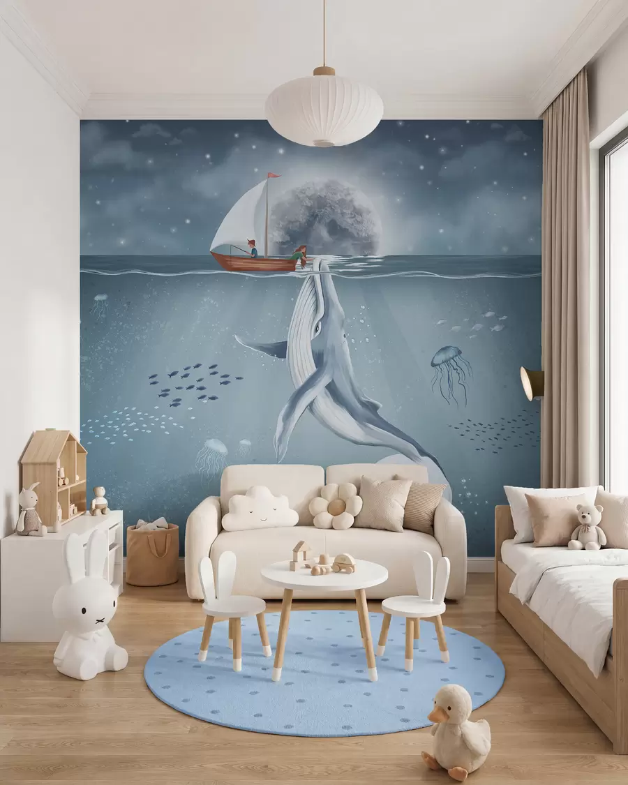 peintures murales Baleine près du bateau lunaire w02476