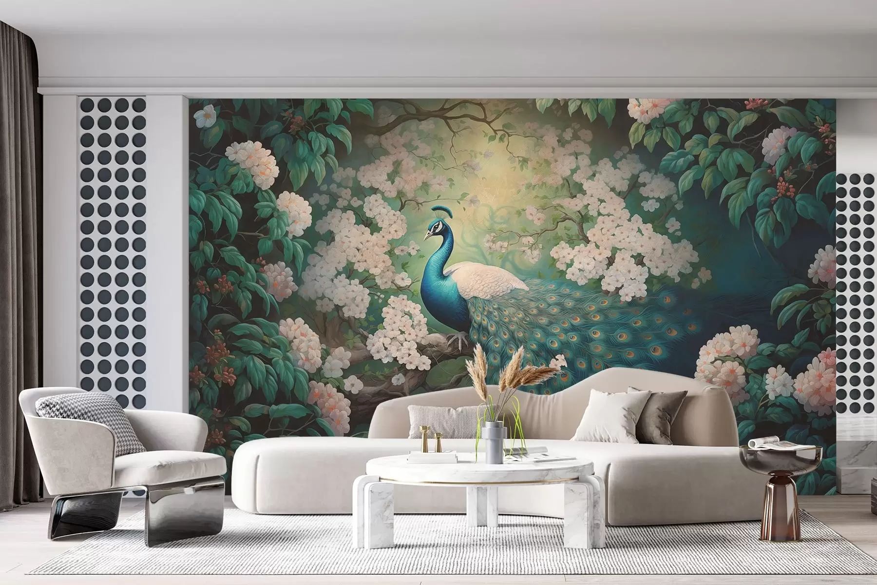 Wall Mural Photo Wallpaper Beautiful peacock on branches among small flowers w08475