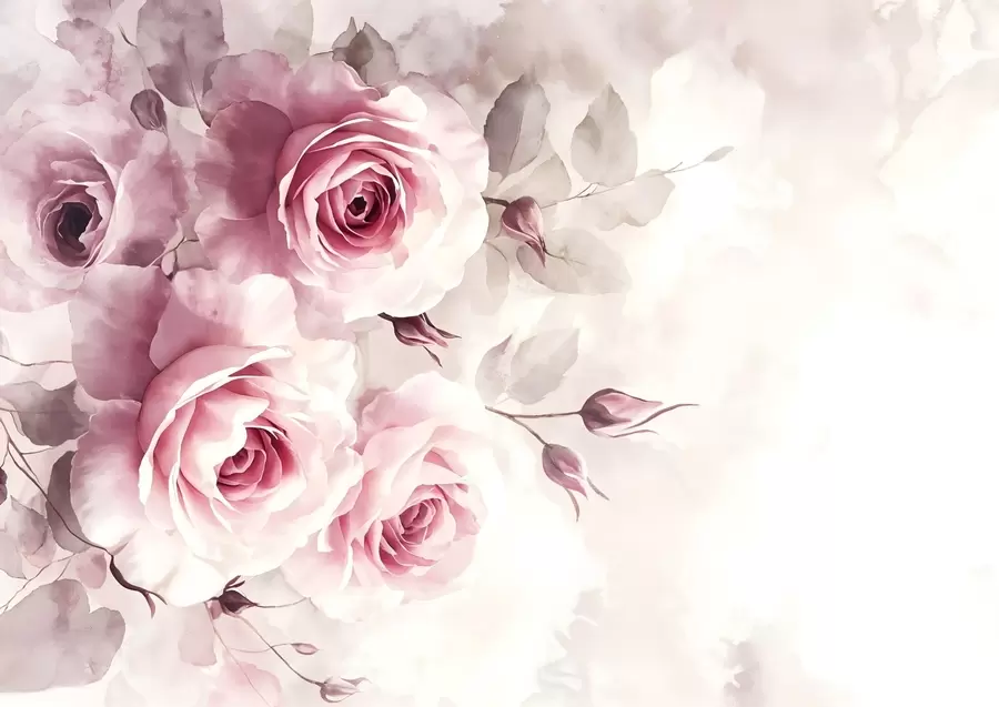 peintures murales Délicates roses et feuilles rose pastel sur fond doux et flou d'imitation d'aquarelle w08459