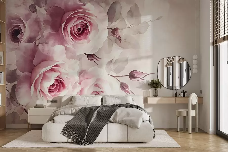 Wall Mural Photo Wallpaper Delicate pastel pink roses and leaves with soft, blurred watercolor imitation background w08459
