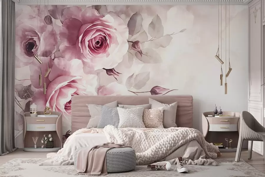 Wall Mural Photo Wallpaper Delicate pastel pink roses and leaves with soft, blurred watercolor imitation background w08459