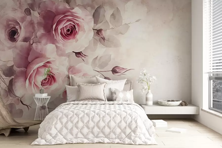 Wall Mural Photo Wallpaper Delicate pastel pink roses and leaves with soft, blurred watercolor imitation background w08459