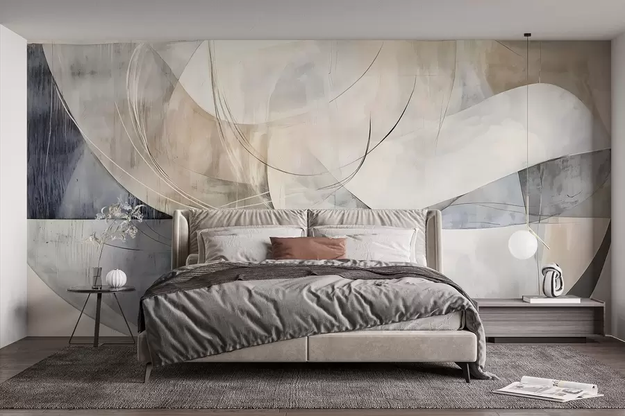 murales Formas abstractas en tonos blancos, grises, beige y azules sobre un fondo de textura difuminada w08461