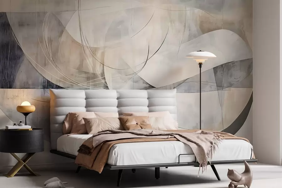 murales Formas abstractas en tonos blancos, grises, beige y azules sobre un fondo de textura difuminada w08461