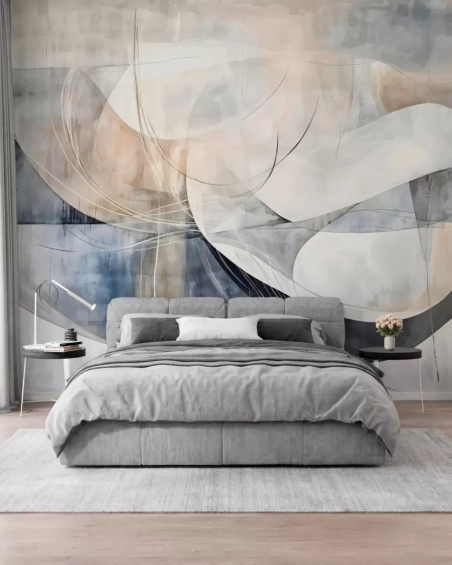 peintures murales Formes abstraites dans des tons de blanc, gris, beige et bleu sur un fond texturé flou w08461