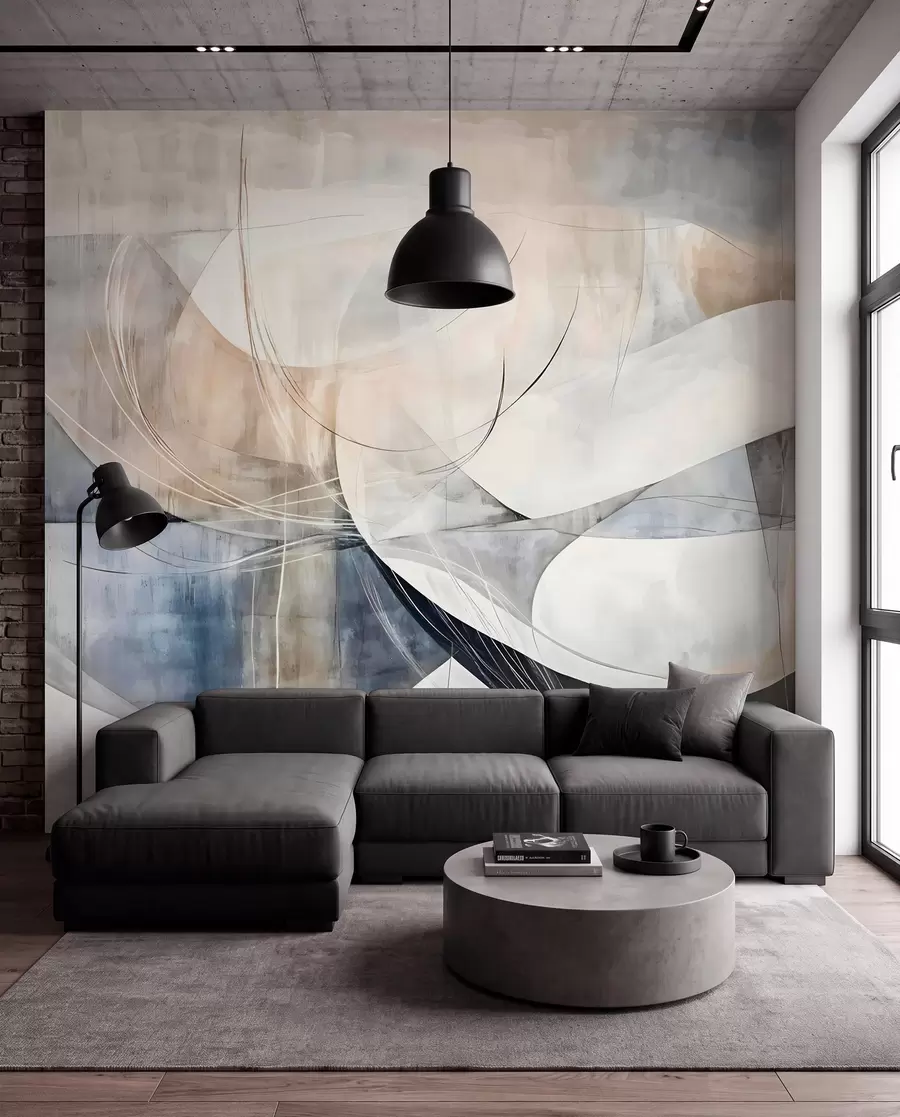 Wall Mural Photo Wallpaper Abstract shapes and forms in shades of white, gray, beige and blue against a blurred textured background w08461