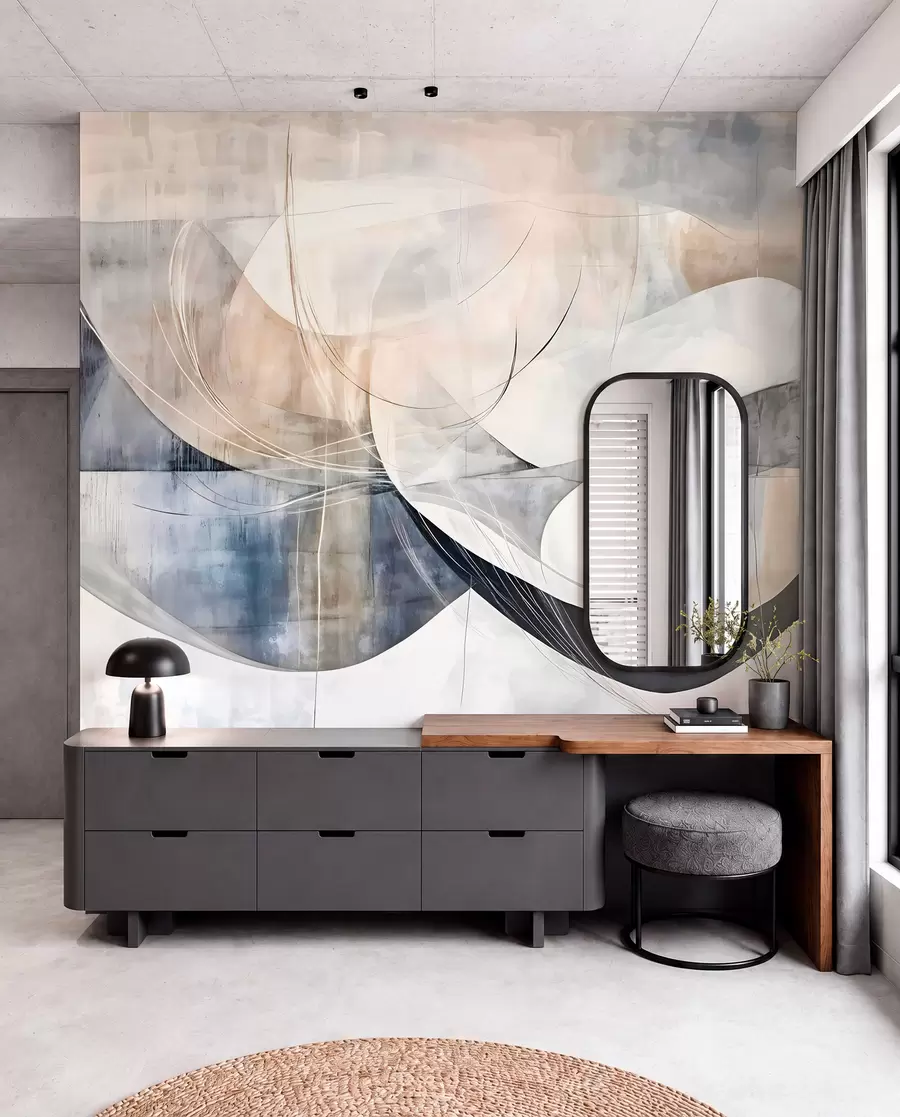 peintures murales Formes abstraites dans des tons de blanc, gris, beige et bleu sur un fond texturé flou w08461