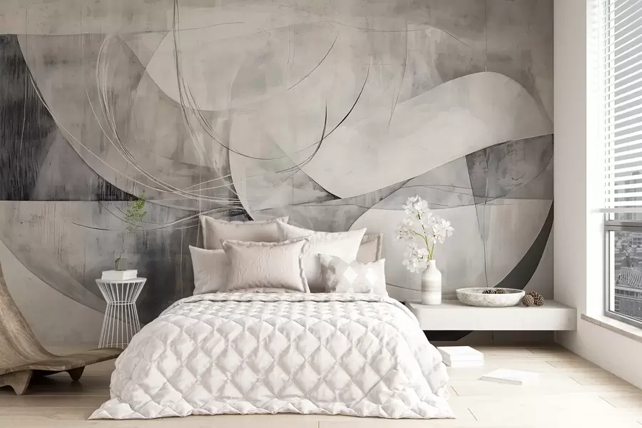 Wall Mural Photo Wallpaper Abstract shapes and forms in shades of white, gray and black against a blurred textured background w08461v1