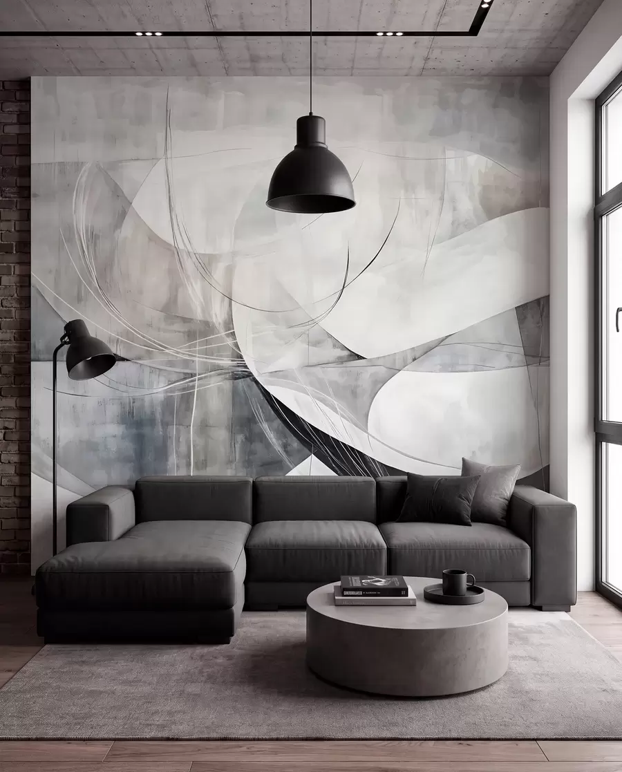 wall murals Abstract shapes and forms in shades of white, gray and black against a blurred textured background w08461v1