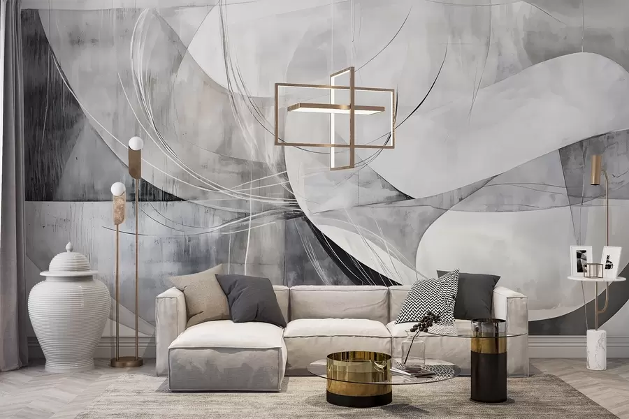 murales Formas abstractas en tonos blancos, grises y negros sobre un fondo de textura difuminada w08461v1