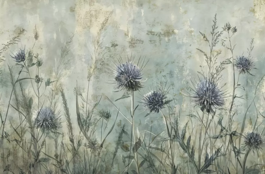 peintures murales Un champ de fleurs de chardons violets avec des fleurs et du feuillage flous sur un arrière-plan texturé vintage w08463
