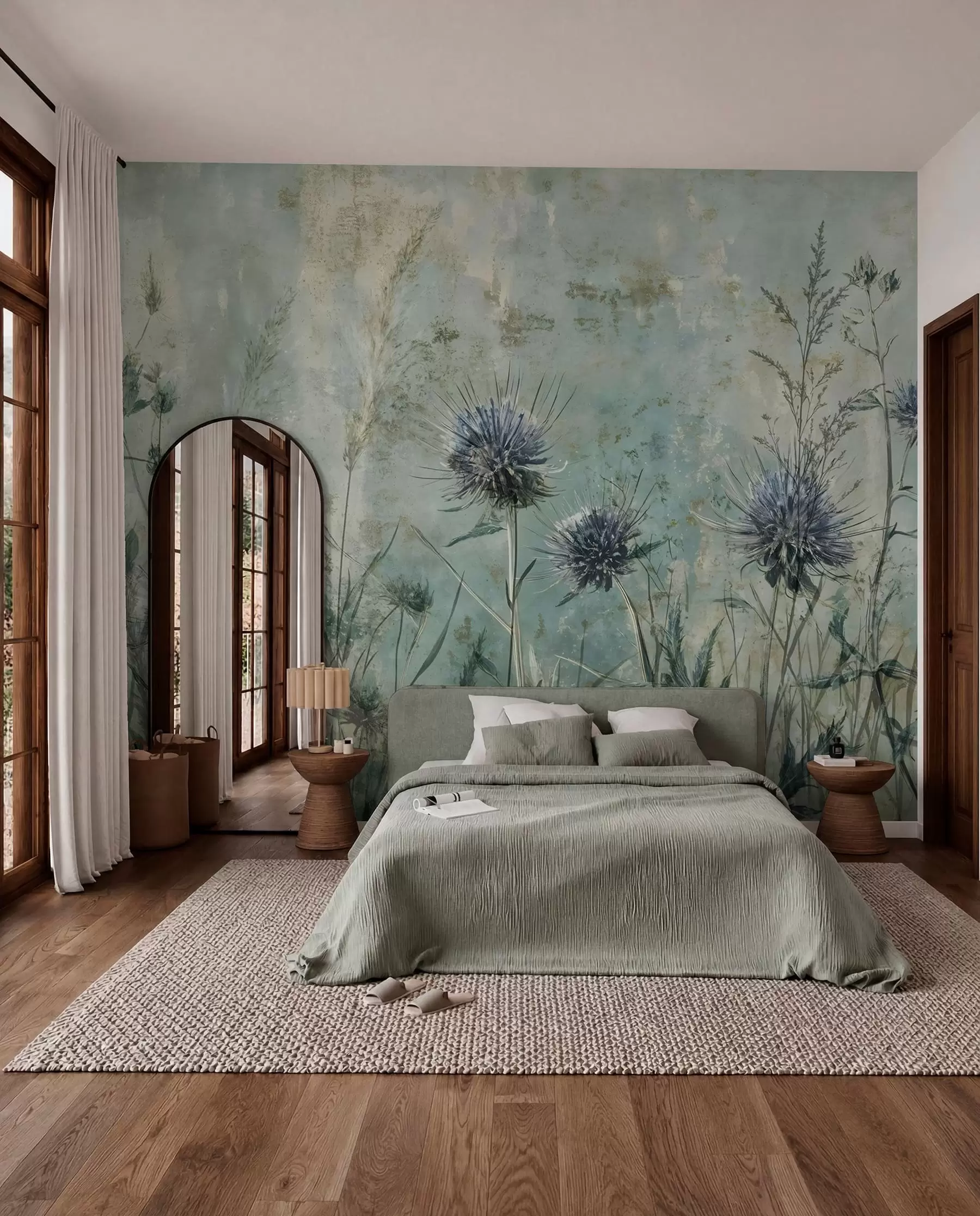 wall murals A field of purple thistle flowers with blurred flowers and foliage in the vintage textural background w08463