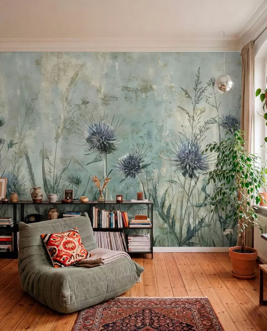 Wall Mural Photo Wallpaper A field of purple thistle flowers with blurred flowers and foliage in the vintage textural background w08463