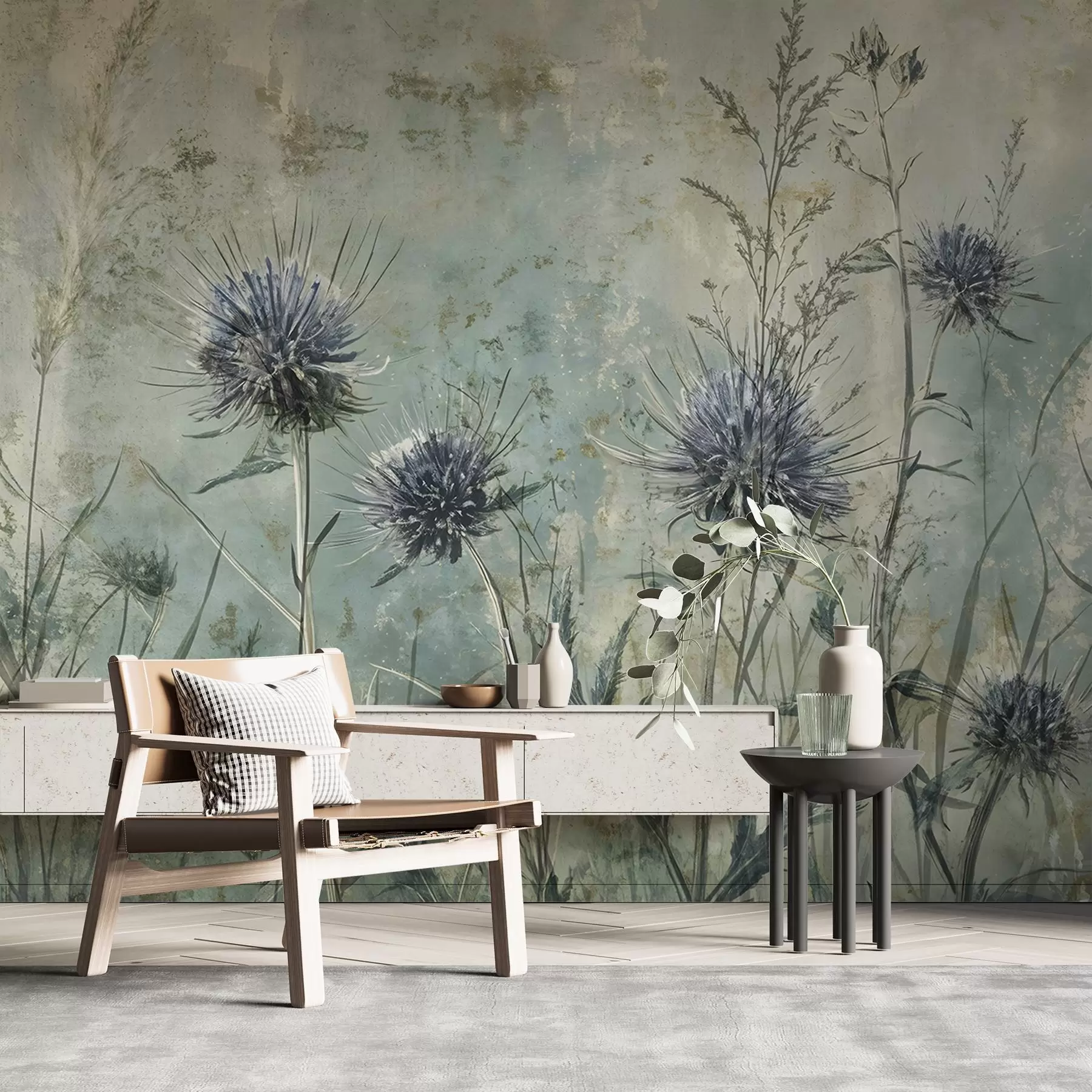 murales Un campo de flores de cardo púrpura con flores borrosas y follaje en el fondo de textura vintage w08463