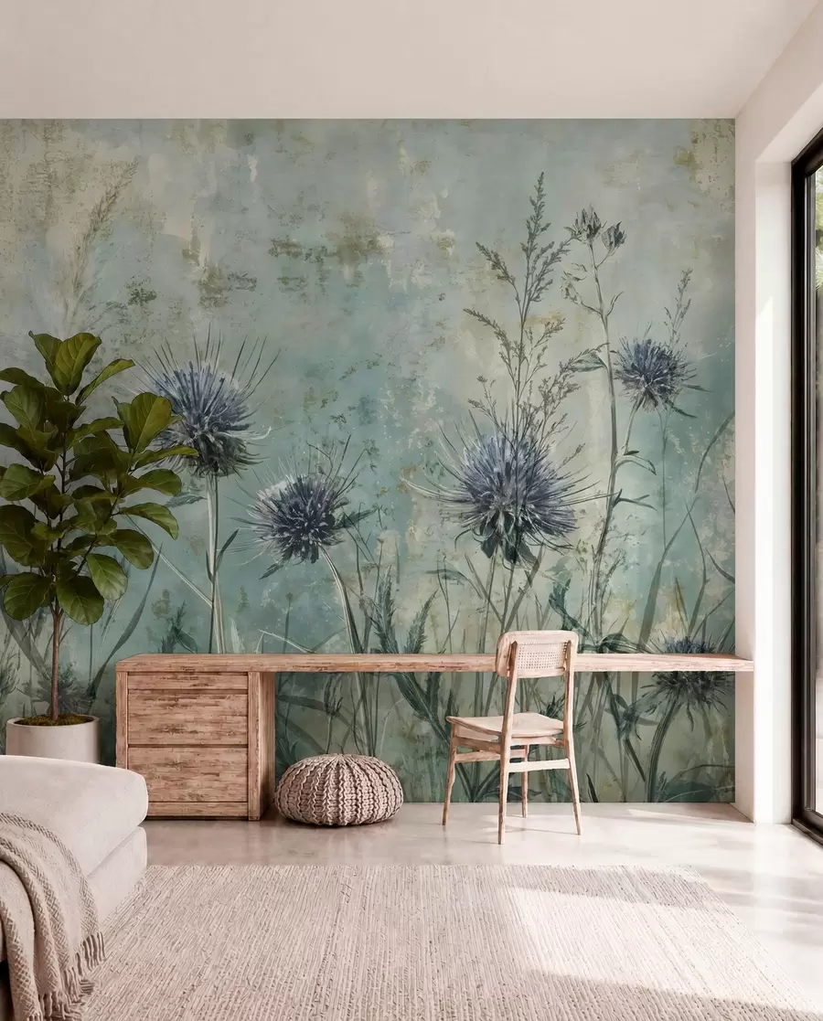 wall murals A field of purple thistle flowers with blurred flowers and foliage in the vintage textural background w08463