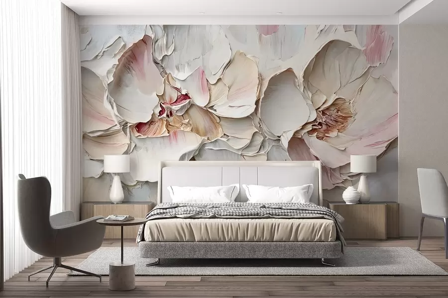 murales Delicadas flores de color rosa pálido con suaves pétalos en capas sobre un fondo de textura apagada imitación de pintura al óleo empastada w08467